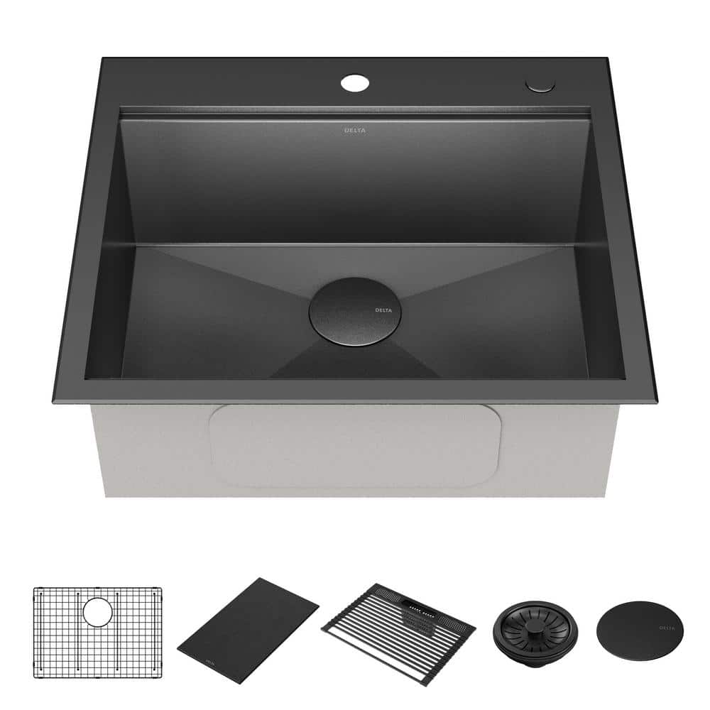 Delta Rivet 25" Black Stainless Steel Single Bowl Workstation Kitchen Sink