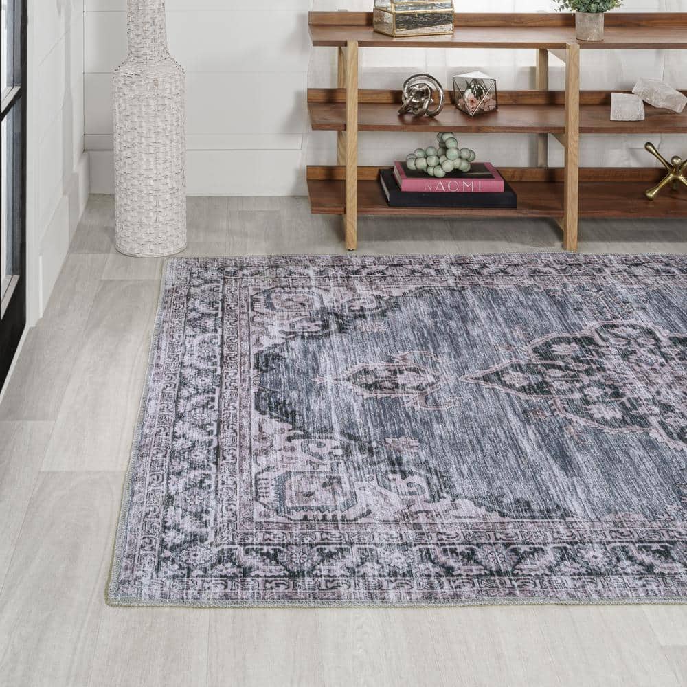 Navy and Gray Chenille Medallion Washable Area Rug