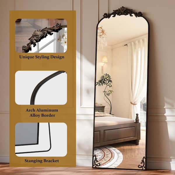 Bronze 21 in. W x 64 in. H Arched Aluminum Alloy Framed with Carved Decoration Full Length Mirror