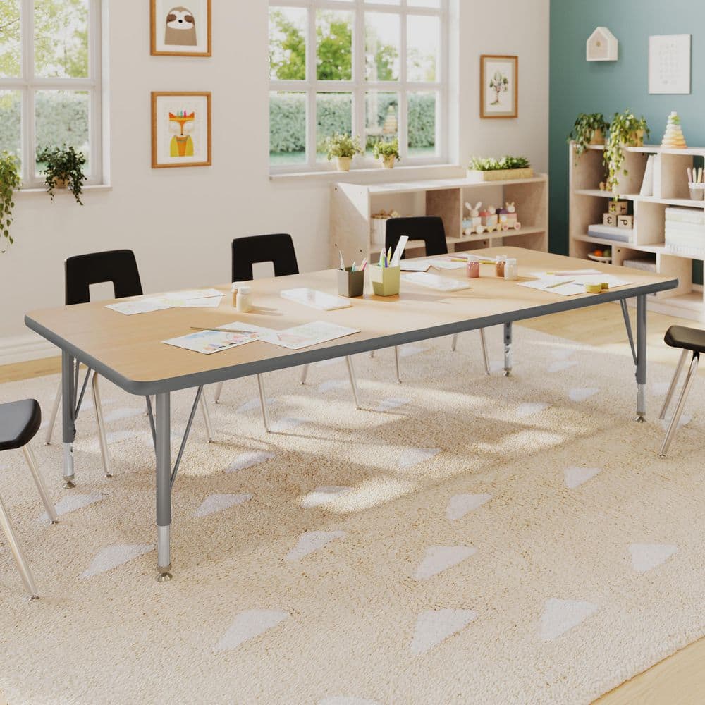 Wren Adjustable Light Natural Top/Silver Frame Rectangle Kids Activity Table with Thermal Laminate Top for 10