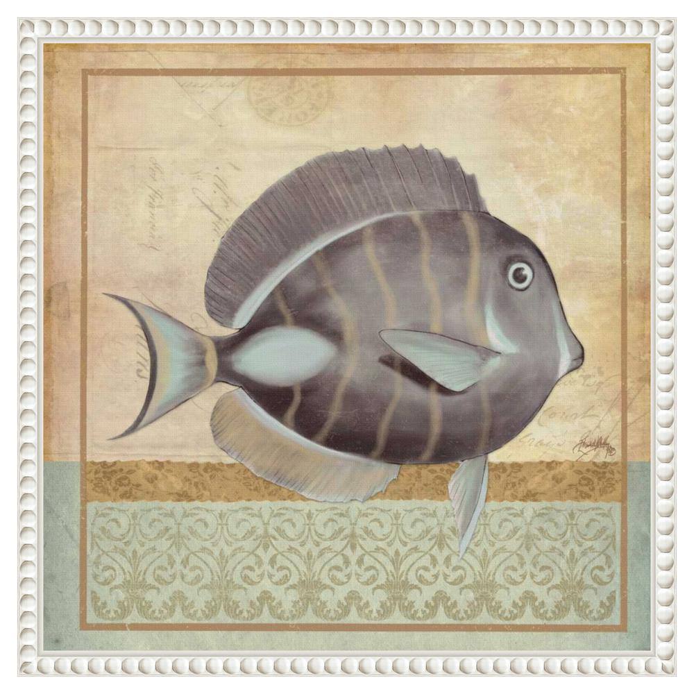 Vintage Fish II Coastal Canvas Wall Art with White Beaded Frame