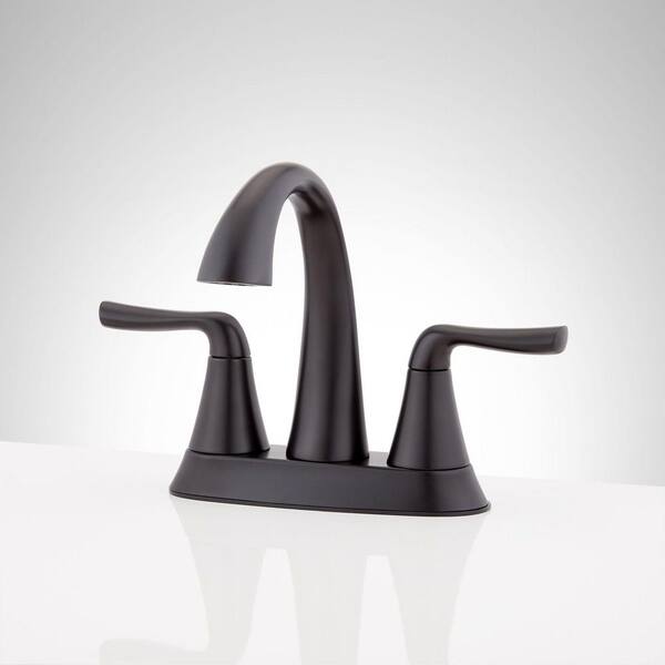 SIGNATURE HARDWARE - Provincetown 4 in. Centerset Double Handle Low Arc Bathroom Faucet with Drain Kit Included in Matte Black