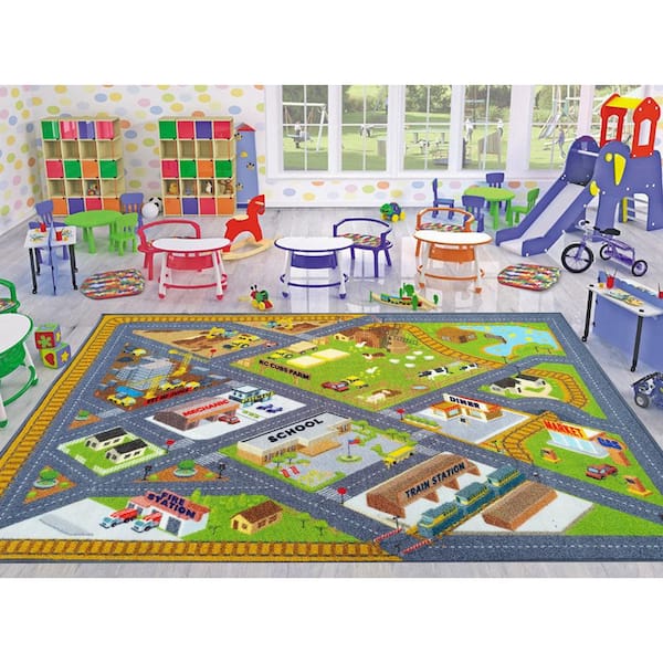 KC CUBS Playtime Collection Country Farm Road Map with Construction Site Educational Learning Area Rug Carpet for Kids and Children Bedroom and Playroom 5' 0 x 6' 6