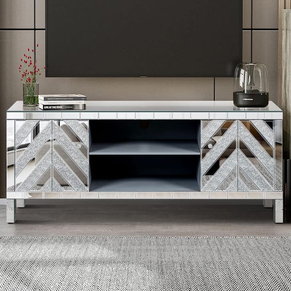 47 in. Silver Mirror TV Stand for 50 in. TVs-Modern MDF Console with M-Shape Mirror Doors and Open Storage Shelves