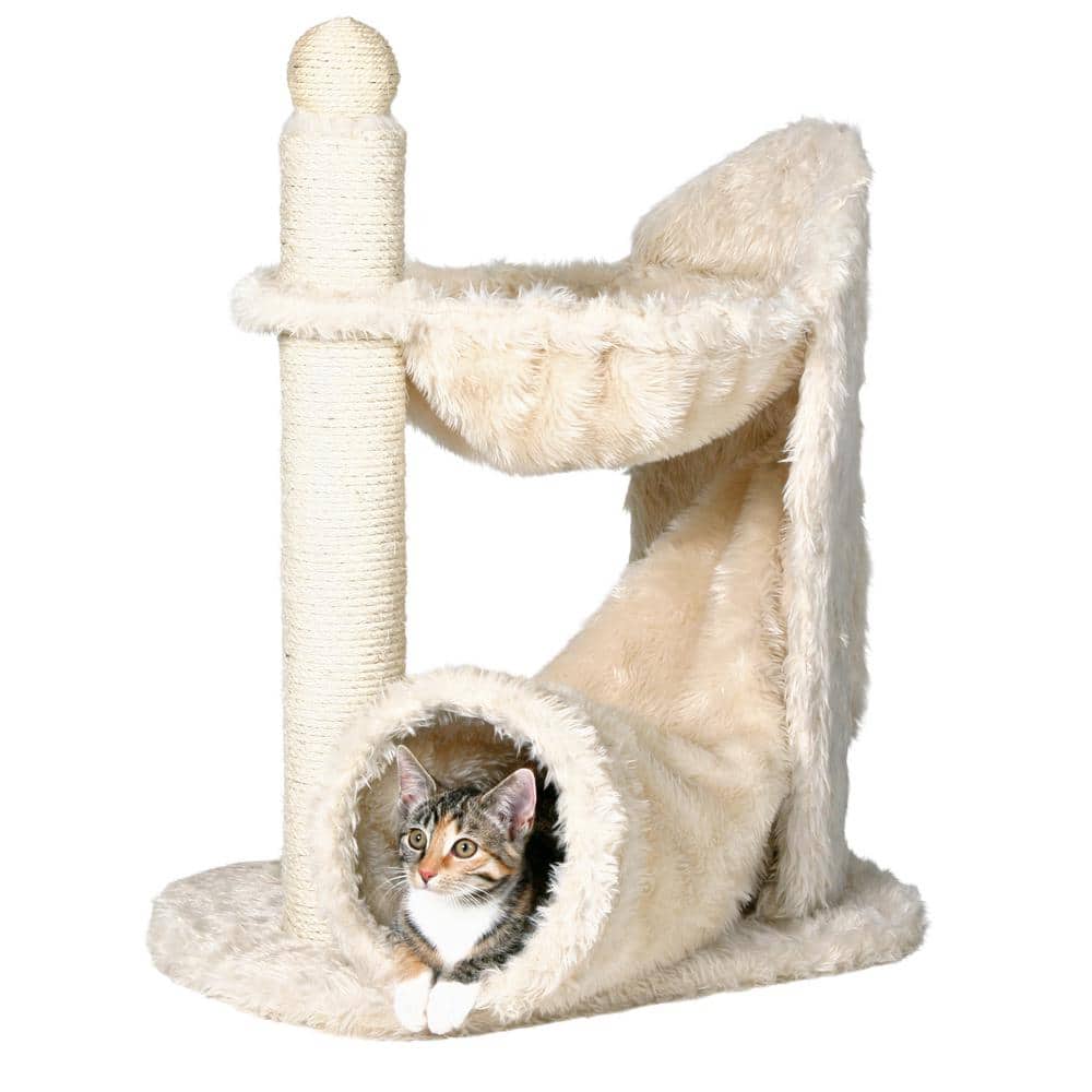 Cream Plush Cat Tree with Sisal Scratcher, Hammock, and Tunnel