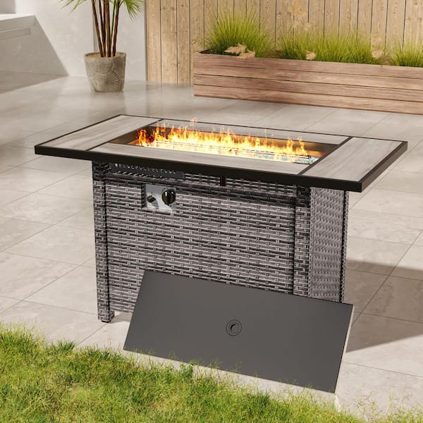 JOYESERY 45 in. Rectangle 50,000 BTU Grey Wicker Patio Fire Pit Table 1-Touch Lgnition Adjust the Flame Height