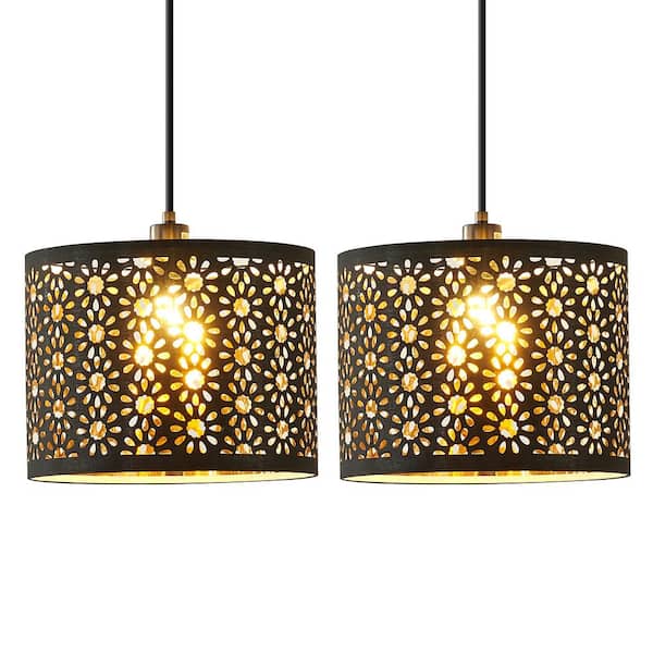 CIPACHO 1-Light Black Plug-In Pendant Light with Cloth Lampshade (Set of 2)