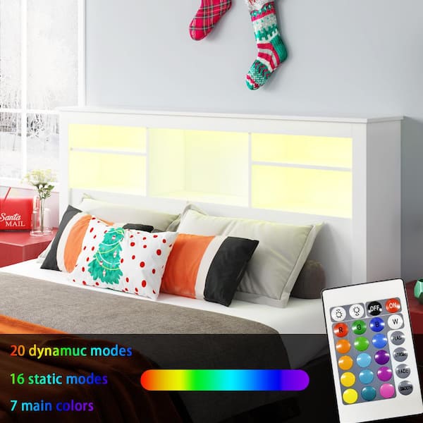 HOOBRO Queen Size Headboard With Charging Station And LED Light Strip 2 Tier Storage Height Adjustable Black Bb55udbh01
