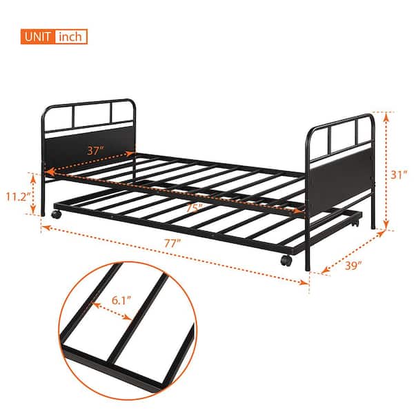 Black Metal Frame Twin Size Platform Bed with Trundle and Casters