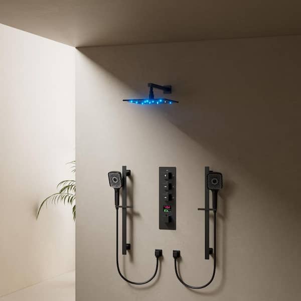 7-Spray Square 12 in. Shower Head and Dual Handheld Equipped with Adjustable Slide Bar in Matte Black
