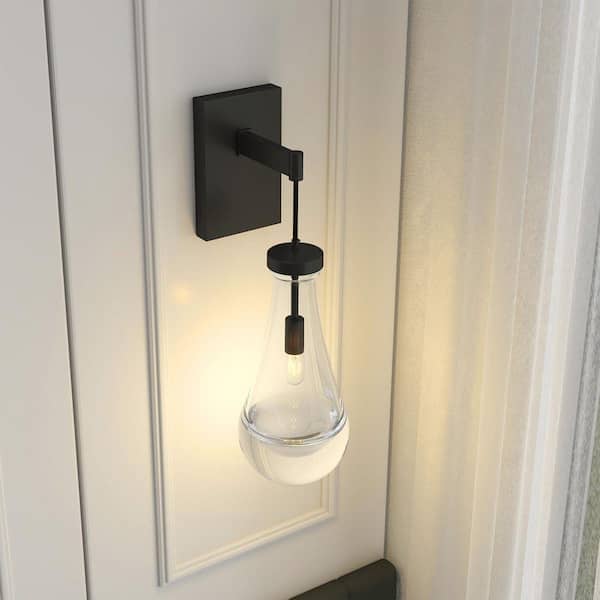 1 Light Black Wall Sconce with Clear Glass Teardrop Shade