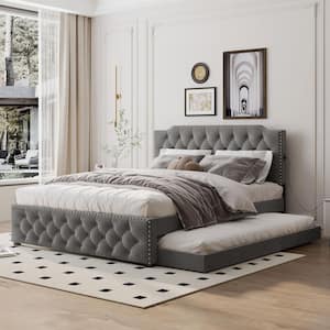 Button-Tufted Gray Wood Frame Queen Size Linen Upholstered Platform Bed with Twin Trundle, USB Ports, Nailhead Trim