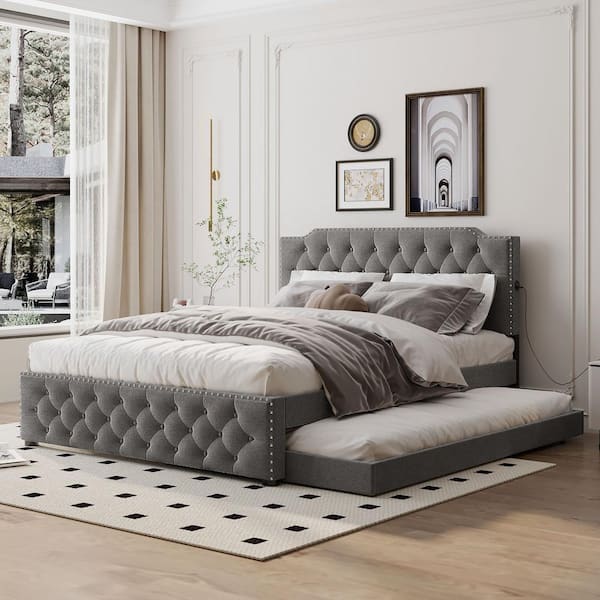 Harper & Bright Designs Button-Tufted Gray Wood Frame Queen Size Linen Upholstered Platform Bed with Twin Trundle, USB Ports, Nailhead Trim