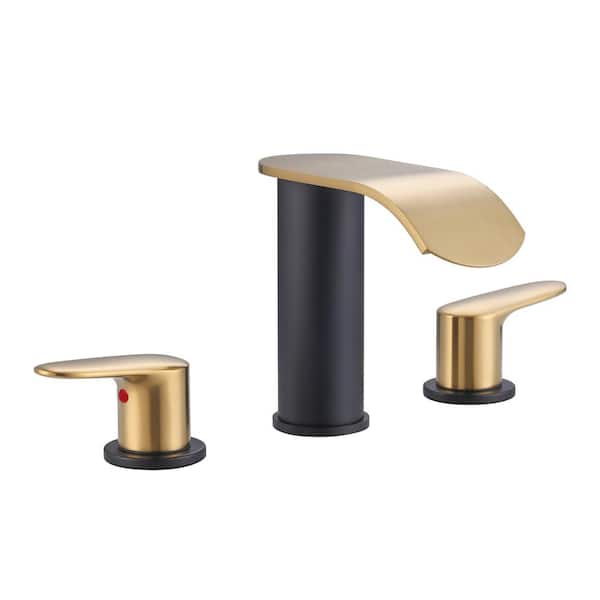 ALEASHA 8 in. Widespread Double-Handle High Arc Bathroom Faucet with Drain Kit Included in Gold and Black