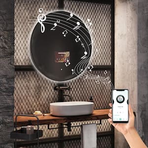 27.5 in. W x 27.5 in. H Round Frameless LED Smart Wall Mount Bathroom Vanity Mirror with Bluetooth Wi-Fi Weather Display
