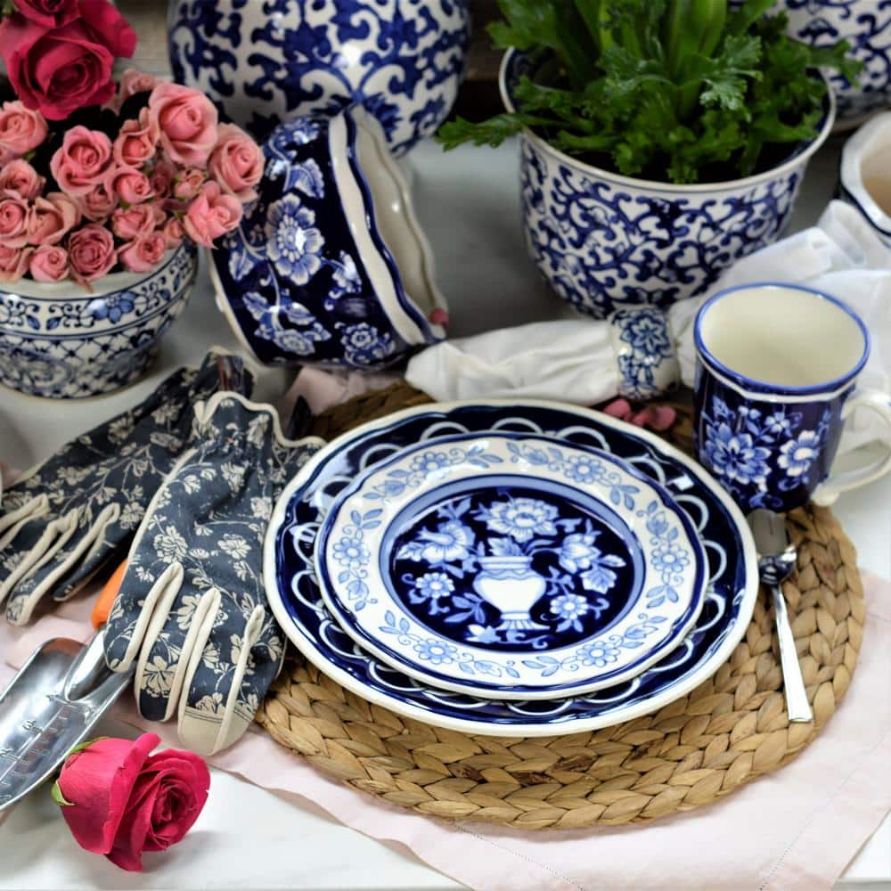 Sophisticated Blue Garden 16-Piece White Ceramic Dinnerware Set