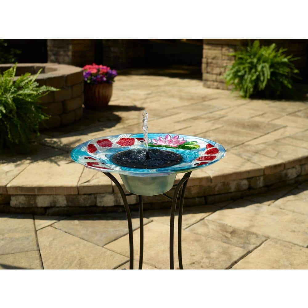 Hand-Painted Glass Koi Solar Birdbath with Steel Stand