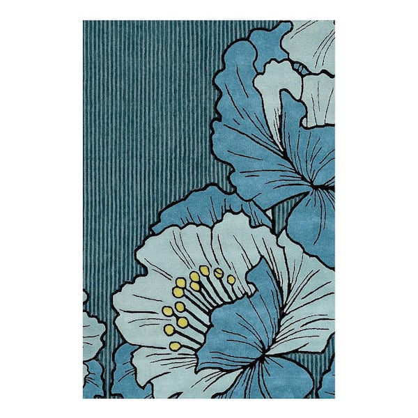 Flora Grandeur Bloom Handcrafted Wool Area Rug  Blue 6 ft. x 9 ft.