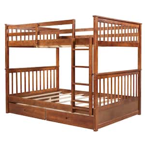 SSuper Walnut Full-Over-Full Wood Bunk Bed with 2-Drawers