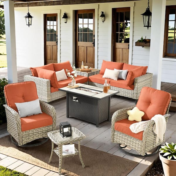 Solvoc 9-Piece Wicker Outdoor Patio Conversation Set with 42 in. Fire Pit Table, Orange Red Cushions and Swivel Chairs