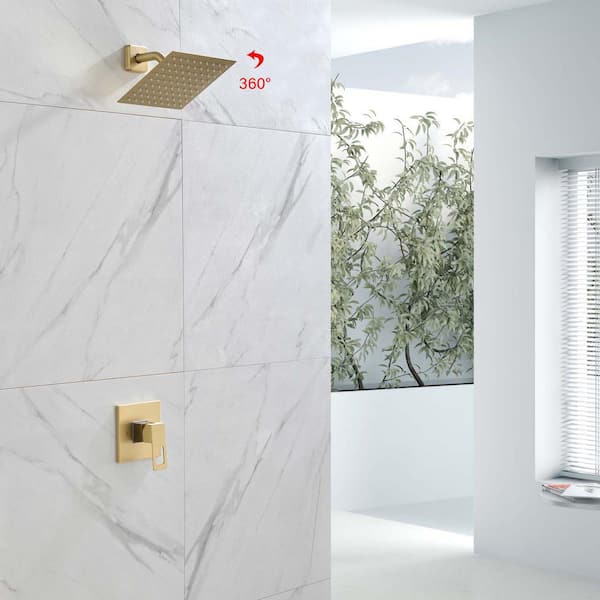 1-Spray Patterns with 1.5 GPM 7.87 in. Wall Mount Square Fixed Shower Head Adjustable Temperature Flow in Gold