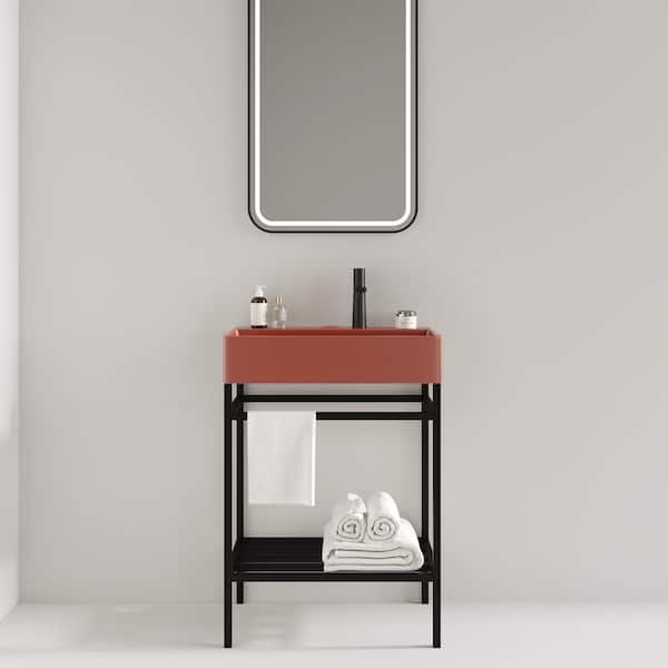 24 in. Red Rectangular Freestanding Ceramic Bathroom Console Sink with Black Metal Leg