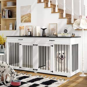 Large Wooden Dog Kennels with Drawers and Divider, Furniture Style Dog Crate White Dog House for Large Medium Small Dogs