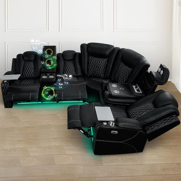 114.96 in. Theater Style Air Leather Motion Sofa Corner Set Sectional Sofa With Adjustable Headrest in. Black