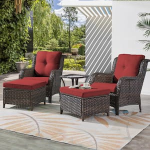 Carolina 5-Piece Brown Wicker Patio Conversation Set with Red Cushions