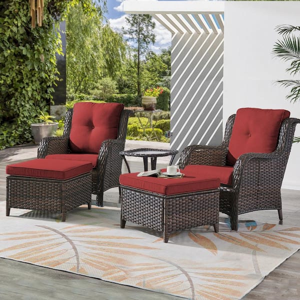 Gymojoy Carolina 5-Piece Brown Wicker Patio Conversation Set with Red Cushions
