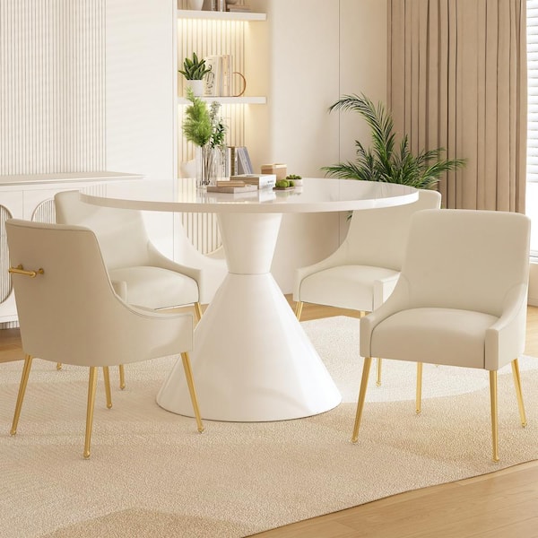 Boyel Living 5-Piece Round White MDF Top Table Set Seats 4 (4-Beige Dining Chairs)