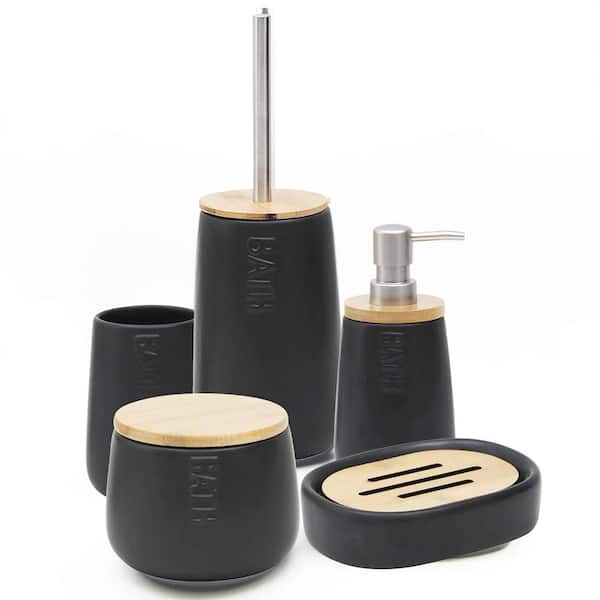 Unbranded Bath D 5-Pieces Bath Accessory Set with Soap Pump, Tumbler, Soap Dish, Cotton Box in Dolomite Black and Bamboo