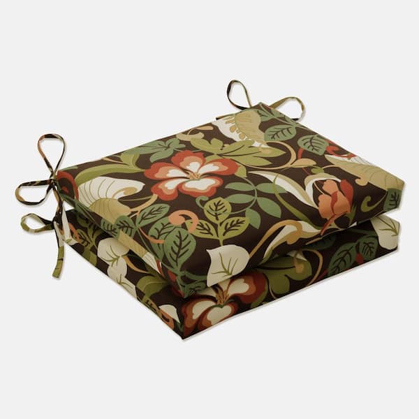 Pillow Perfect Floral 18.5 in. x 16 in. Outdoor Dining Chair Cushion in Brown/Green (Set of 2)