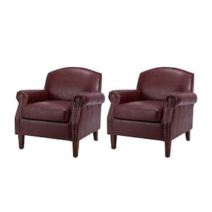 Gianluigi Red Vegan Leather Armchair with Rolled Arms and Nailhead Trim Set of 2