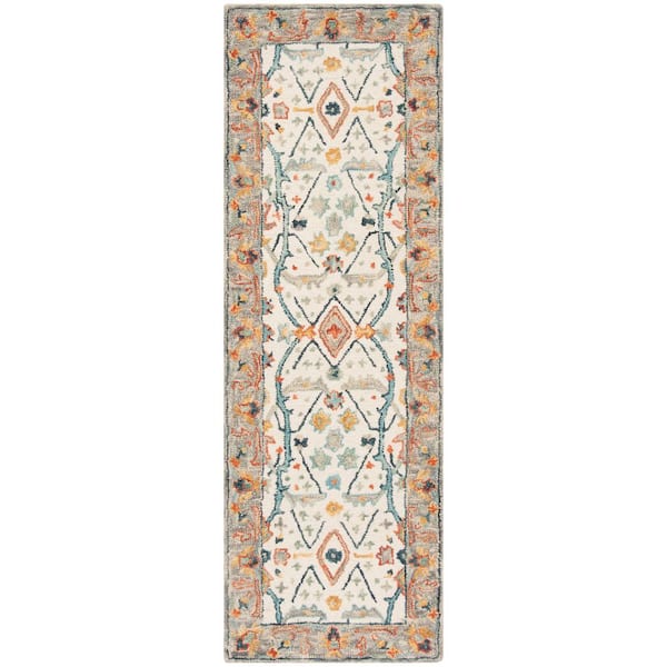 SAFAVIEH Aspen Ivory/Blue 2 ft. x 5 ft. Border Floral Speckled Runner Rug
