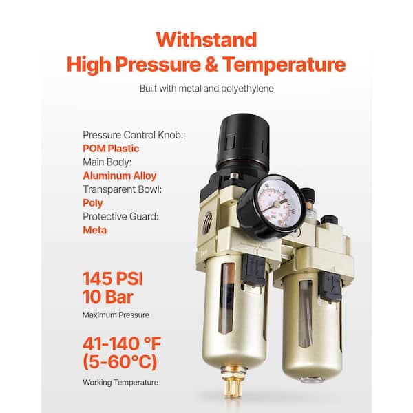 SKYSHALO Air Compressor Filter Regulator Lubricator (FRL), 3/8 in. NPT Air Compressor Water Separator, Semi-Auto Drain System SKYSHALO Air Compressor Filter Regulator Lubricator (FRL), 3/8 in. NPT Air Compressor Water Separator, Semi-Auto Drain System