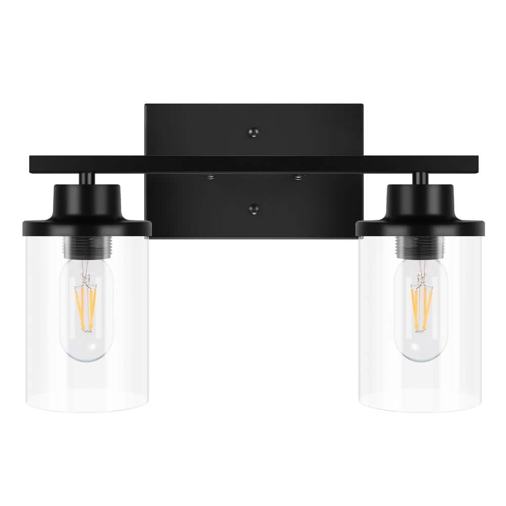 14.61 in. W 2-Light Modern Matte Black Clear Glass Bathroom Vanity Light fo