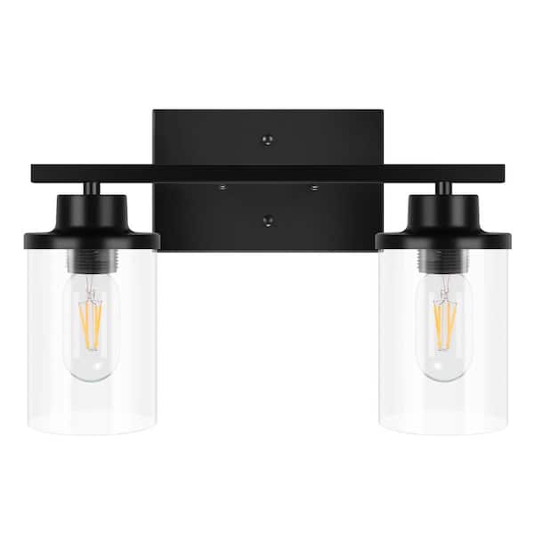 14.61 in. W 2-Light Modern Matte Black Clear Glass Bathroom Vanity Light for Mirror, Vanity