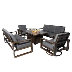 Aluminum Patio Conversation Set with Gray Cushions and 55.12 in Fire Pit Table Sofa Set - 2 Swivel plus 2 x 3 Seater
