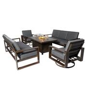 Aluminum Patio Conversation Set with Gray Cushions and 55.12 in Fire Pit Table Sofa Set - 2 Swivel plus 2 x 3 Seater