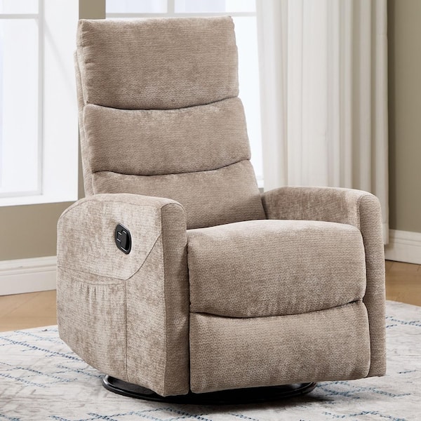 Linen Brown 360° Swivel Manual Chenille Recliner Rocker Chair with Massage and Heat