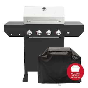 4-Burner Propane Gas Grill in Black with Stainless Steel Main Lid with Cover