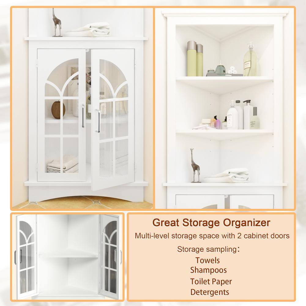 White MDF Corner Accent Cabinet with Adjustable Shelves and Glass Doors