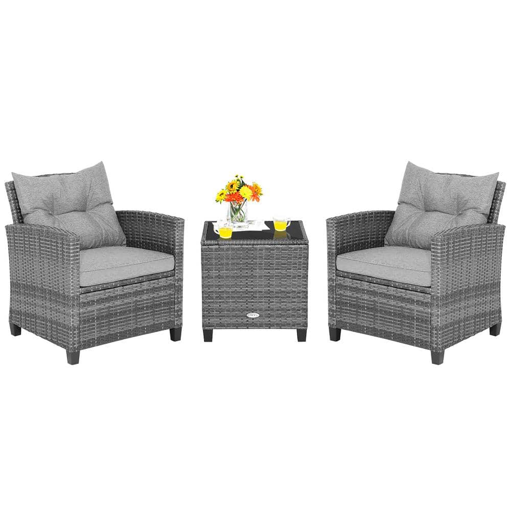 Costway 3Piece Wicker Patio Rattan Furniture Bistro Set Cushioned Sofas Side Table Armrest Grey