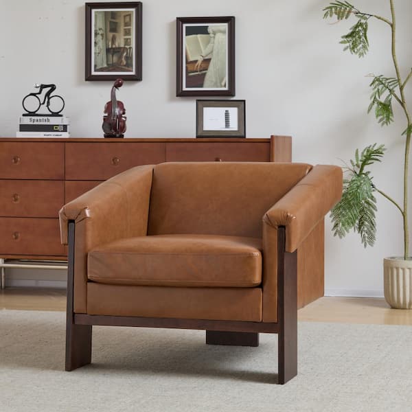 CHRISTOPHER KNIGHT HOME Glinave Modern PU Leather Upholstery and Wood Accent Arm Chair, Brown