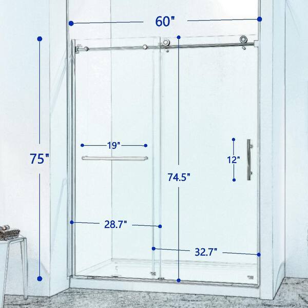 Staykiwi 60 in. W x 75 in. H Single Sliding Semi-Frameless Shower Door in Chrome Finish with Clear Glass