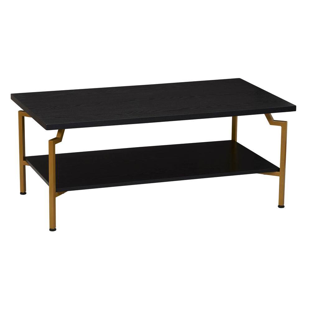 Black Oak and Gold Rectangular Coffee Table with Storage Shelf