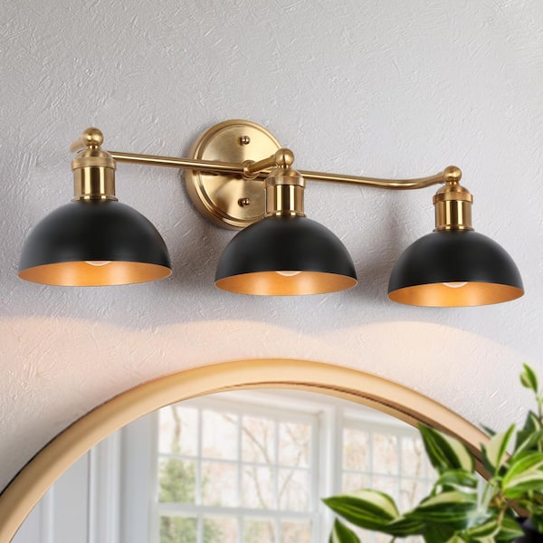 Modern 3-Light Black Bathroom Vanity Light, 22.5 in. Bowl Shape Bath Lighting Brass Gold Wall Sconce