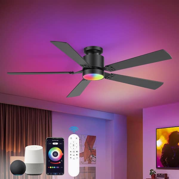 Breezary Wallace 52 in. Standard Black Flush Ceiling Fan with RGB