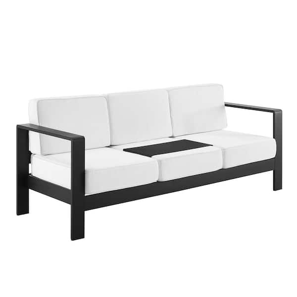 Linon Home Decor Kelten Powder Black Aluminum Outdoor 3-Seater Couch with Polyester White Cushions